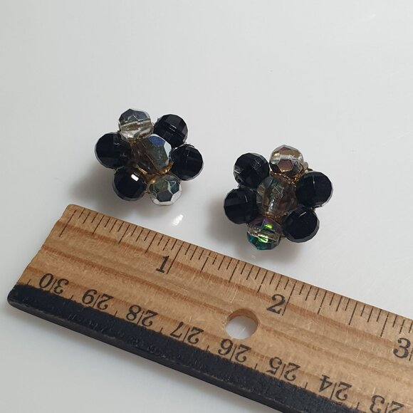 Vintage West Germany Aurora Borealis Black Beaded Clip On Earrings Floral Design - Picture 2 of 4